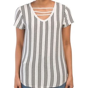 Striped V Neck Top With Strap Grey Black Stripe